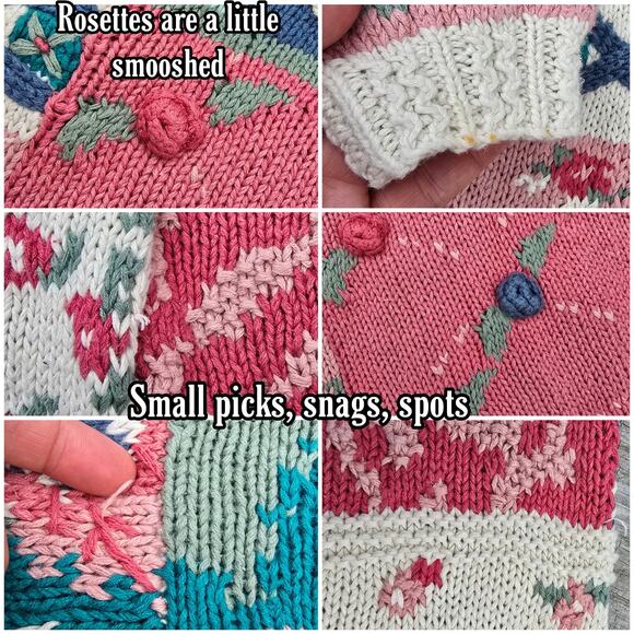 VTG Patchwork Sweater Crystal Kobe Size Petite Medium Pink Blue Beige Floral NWT - Picture 6 of 9